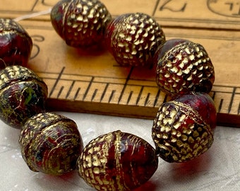 Czech Acorn Beads | Pack of Five (5) | 12x10mm | Ruby Red with Picasso Finish and Gold Wash | Artisan Beads Jewelry Making Craft Supply