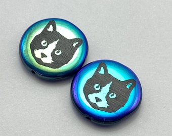 Laser Etched Coin Beads 17mm - Metallic Blue Black Cat Face Design - Set of 2