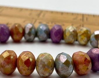 20 Czech Glass Faceted Rondelle Beads | 6x9mm | Mix of Grape, Apricot, Stone, and Sage Picasso | Fire Polished Beads For Jewellery Making