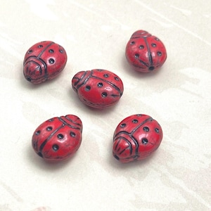 Czech Glass Ladybird Beads, Red with Black Spots, 15x12mm, Set of 5