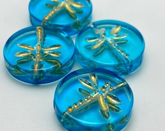 Czech Glass Dragonfly Coin Beads: Teal Blue with Gold 18mm, Pack of 2, Whimsical Jewelry