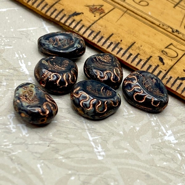 Black Picasso Tear Drop Beads | 11x13mm | Czech Glass | Jewellery Making | Set of Six (6) |  Copper Design Detail