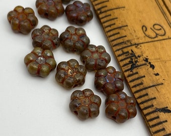 Rustic Hawaiian Daisy Flower Beads | 8mm | Set of Ten (10) | Mottled Brown Picasso | Bohemian Czech Glass Beads for Jewellery MakingI