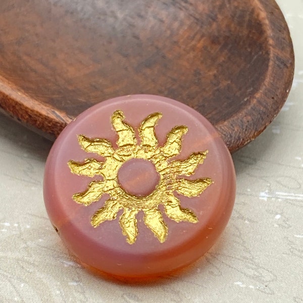 Premium Czech Table Cut SUN Coin Bead | Matte Salmon Pink, Gold Wash | 22mm | One (1) Piece | Bohemian Glass Jewelry Supplies Rare UK Import