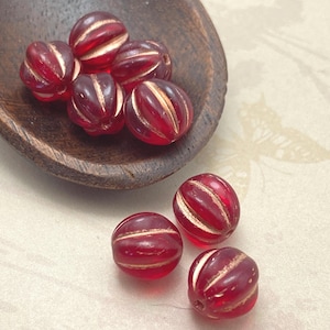 Czech Glass Melon Beads, Ruby Red with a Copper Wash (10mm, Pack of 8)
