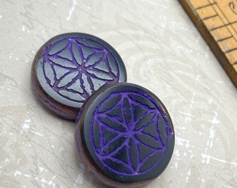 Flower of Life Mandala Coin Beads: Black & Purple Czech Glass (2 Pack)