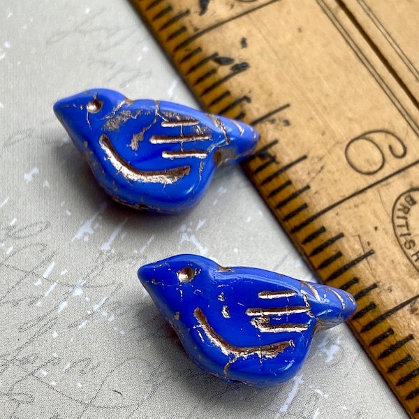 Cute Czech Bird Beads | 22x11mm | Pack of Two (2) | Indigo Blue with Gold Wash | Premium Bohemian Beads for Jewellery Making- Rare UK Import