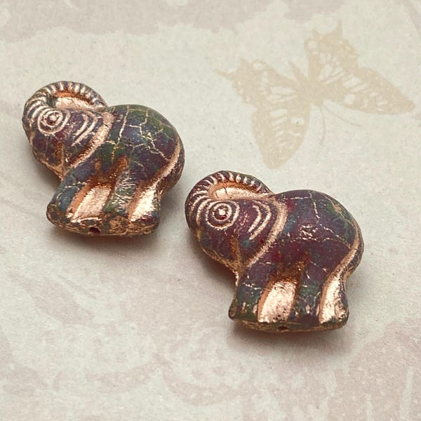Czech Glass Elephant Beads 23x20mm, Set of 2, Maroon Picasso with Copper Wash