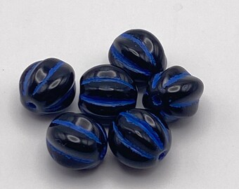 Bohemian Czech Glass Melon Beads | 10mm | Pack of 6 | Black with Blue Stripe | Fluted Round Beads | Spacer Beads | Jewellery Making | Perlen