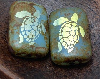 Laser Etched Czech Glass Beads: Turtle - Aqua Picasso , 18x12mm (Set of Two)