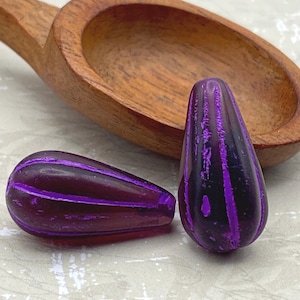 Czech Glass Melon Drop Beads: Deep Purple Violet Fluted Teardrop (2 pc)