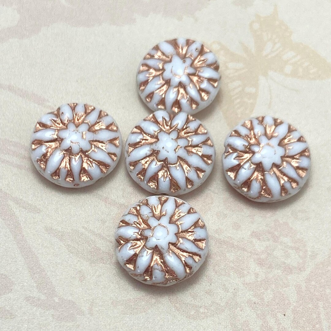 Czech Glass Dahlia Flower Coin Beads: White With Copper Wash (15mm