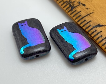 New! Laser Etched Czech Rectangle Beads-Black Dichroic Rainbow, Cat Design - 18x12mm, Set of 2