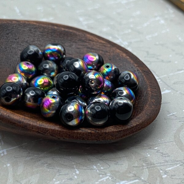 Czech Glass Round Druk Beads | 6mm | Pack of 25 | Jet Black Vitrail Shine | Bohemian Beads Jewellery Making Craft Mosaic DIY Jewelry Perlen