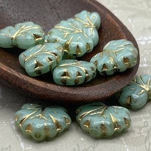 Bohemian Czech Glass Pressed Maple Leaf Beads | 11mm x 13mm | Opaque Turquoise with Gold Wash | Pack of Ten (10) | Jewellery Making Leaves