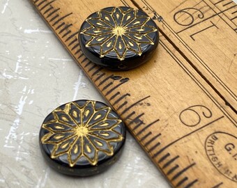 Czech ORIGAMI FLOWER Coins. 18mm, Set of 2 | Black & Gold | Artisan Jewellery Supplies