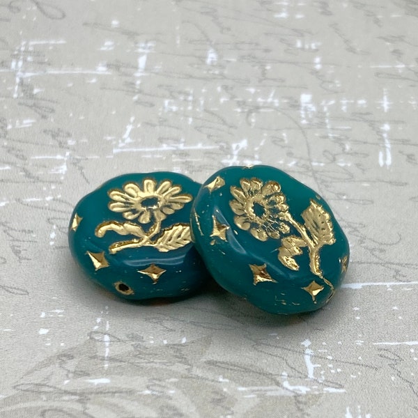 Bohemian Marguerite Flower Coin Beads 18mm - Pack of 2 | Focal Beads | Jade Green with Gold Wash | Czech Glass | Artisan Jewellery Supplies