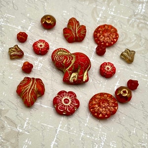 Czech Glass Bead Mix | Red and Gold Elephant Focal Bead | Bohemian Artisan Jewelry | Unique Selection Jewellery Making Craft Beads