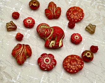 Czech Glass Bead Mix | Red and Gold Elephant Focal Bead | Bohemian Artisan Jewelry | Unique Selection Jewellery Making Craft Beads