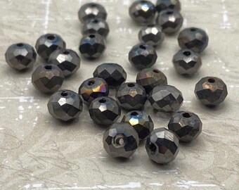 25 Gunmetal Grey Czech Glass Rondelle Beads: 6mm Faceted Bohemian Beads