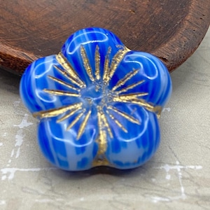 Czech Glass Hibiscus Flower Bead: Blue Marble Gold Wash (21mm)