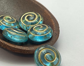 Czech Glass Puffed Coin Beads: Clear Aquamarine with Gold Swirl, 13x6mm (Pack of 5)