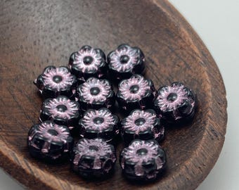Czech Glass Hawaiian Flower Beads, Black and Pink, 6mm, Set of 12