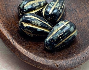 Czech Glass Melon Drop Beads 13x8mm, Set of 6, Black Picasso with Gold Wash