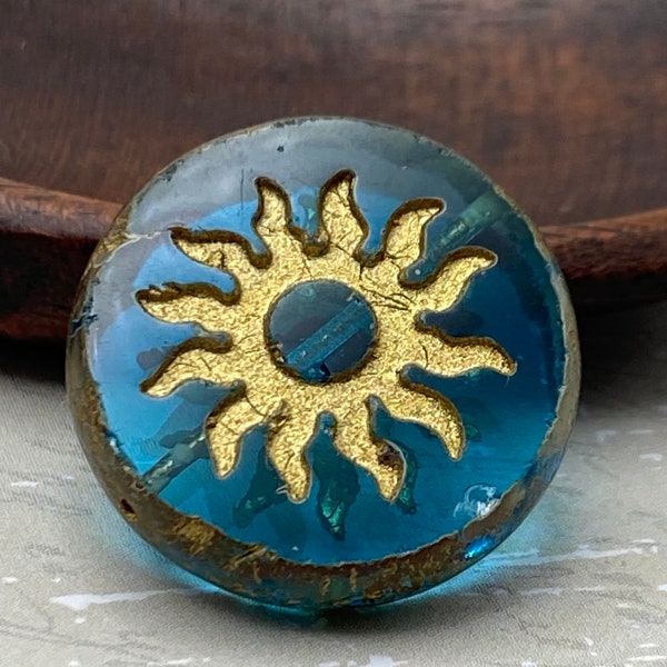 Premium Czech Table Cut SUN Coin Bead | Pacific Teal Blue with Gold Wash | 22mm | Bohemian Glass Jewelry Supplies Crafting Jewellery Making