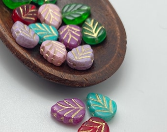 Czech Glass Mint Leaves - Rainbow Bead Mix - Set of 14 (7 matched pairs) Botanical Jewellery Making