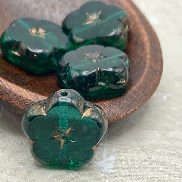 Bohemian Table Cut Carved Flower Beads - 14x5mm | Pack of 4 |  Emerald Green with Bronze Wash | Czech Glass | Artisan Jewellery Supplies