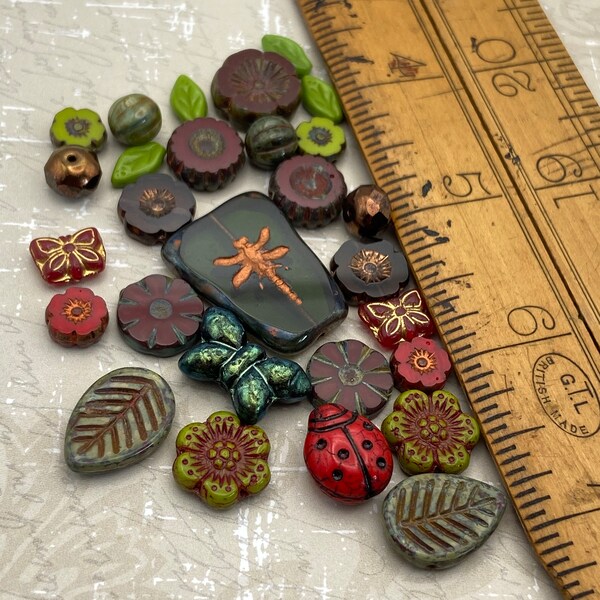 Artisan Czech Glass Bead Mix | 28mm TBC  Dragonfly Bead | Green Picasso & Deep Red Colour Medley | Rustic DIY Jewelry Design Inspiration