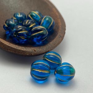 Czech Glass Melon Beads 8mm, Deep Aqua Blue with Gold Wash (Pack of 10)