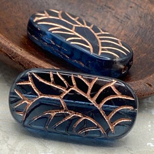 Czech Glass Cartouche Bead | 25x12mm | Pack of Two (2) | Blue & Copper | Etched Lily Deco Design | Bevelled Rectangle Oblong Jewelry Design