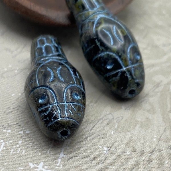 Snake Head Serpent Beads | 30 x 12 mm | Pack of Two (2) | Black Picasso Turquoise Wash | Czech Crystal Glass Beads Jewelry Making Perlen