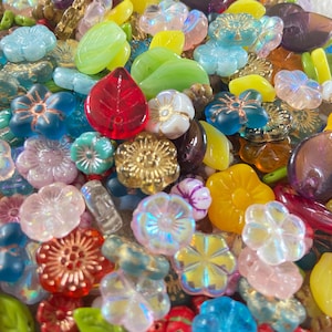 Czech Bead Mix 20g | FLOWERS & LEAVES Spring Garden Medley - Colourful Glass Beads | Jewellery Making, Boho Craft Supplies, Handmade Gif