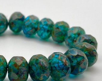 Rustic Bohemian Czech Glass Faceted Rondelles | 6x9mm | Pack of 15 | Sea Green Picasso | Fire Polished Beads For Jewellery Making
