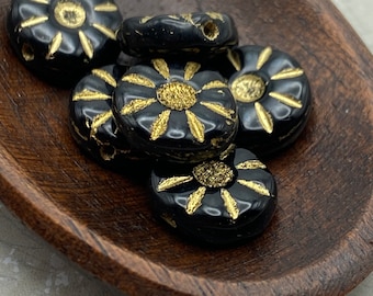 Art Deco Style Sunflower Beads | 14 mm | Pack of Six (6) | Black with Gold Detail | Czech Glass Jewellery Making Beading Craft Perles Perlen