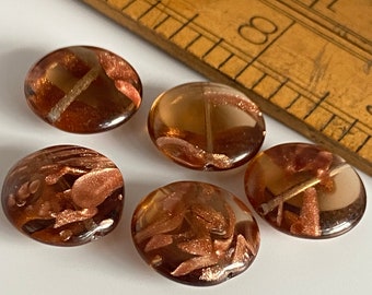 17mm Cushion Coin Beads - Czech Glass | Pack of 5 | Brown with Goldstone Decoration - Puffed Round Beads | Jewellery Making Craft Perlen