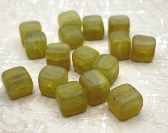 Matte Moss Green Marble Czech Glass Cube Beads: 8mm, Set of 18
