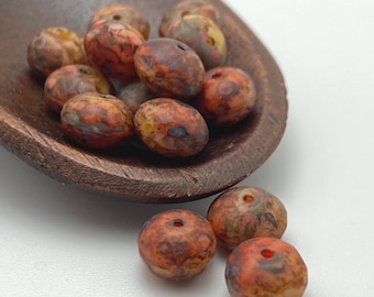 Czech Glass Faceted Rondelles, 6x9mm, Pack of 15, Rustic Red Brown Picasso | Boho Beads For Jewellery Making