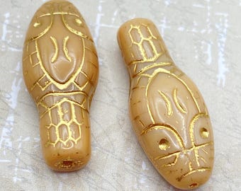 Snake Head Serpent Beads 30 x 12 mm | Pack of Two (2) | Beige Picasso, Gold Wash | Unique Czech Glass Beads For DIY Craft Jewellery Making