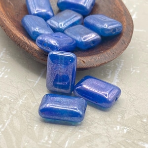 Czech Glass Rectangle Beads, 12x8mm, Set of Ten (10) | Medium Sky Blue Iris | Artisan Jewellery Making, Bohemian Craft Supplies, Oblong Bead