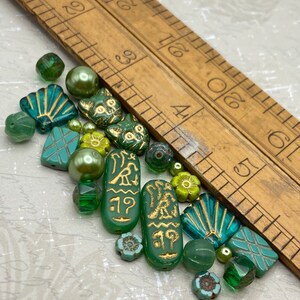 Czech Glass Bead Mix | Green and Gold | Cat & Egyptian Cartouche Beads | Bohemian Artisan Jewelry | Unique Jewellery Making Beads