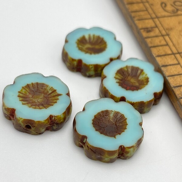 Bohemian Table Cut Hawaiian Pansy Flower Beads - 14mm | Pack of 4 | Rustic Turquoise with Picasso  Finish  | Czech Glass | Jewellery Making