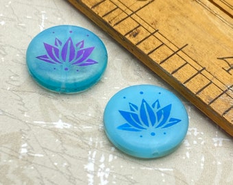 Laser Etched Czech Coin Bead | Aqua Blue Opal with Lily Pad / Lotus Flower Design | 16mm | Two (2) Beads | Rare UK Import Jewelry Craft