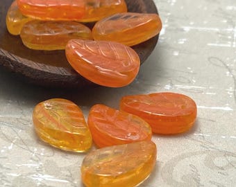 Czech Glass Leaf Beads: Sunset Orange, Bohemian Jewellery Making (14x9mm, Set of 12)