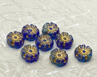Hawaiian Hibiscus Flower Beads | 9mm | Pack of Eight (8) | Sapphire & Sky Blue with Etched Finish and Gold Wash | Bohemian Czech Glass