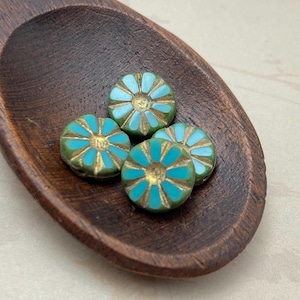 Czech Table Cut Deco Sunflower Beads, 12mm, Set of 4, Turquoise and Gold