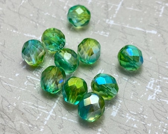 Czech Glass Faceted Beads: Green/Aqua AB, 8mm (Pack of 10)